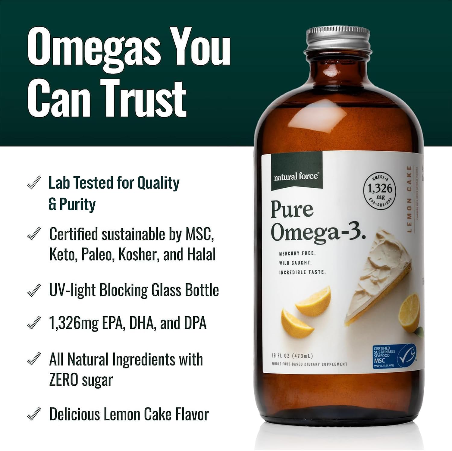 Natural Force Pure Omega 3 - Liquid Fish Oil - Delicious Lemon Cake Flavor - Mercury Free, Wild Caught, Lab Tested - 1, 326 mg Triglyceride EPA, DHA