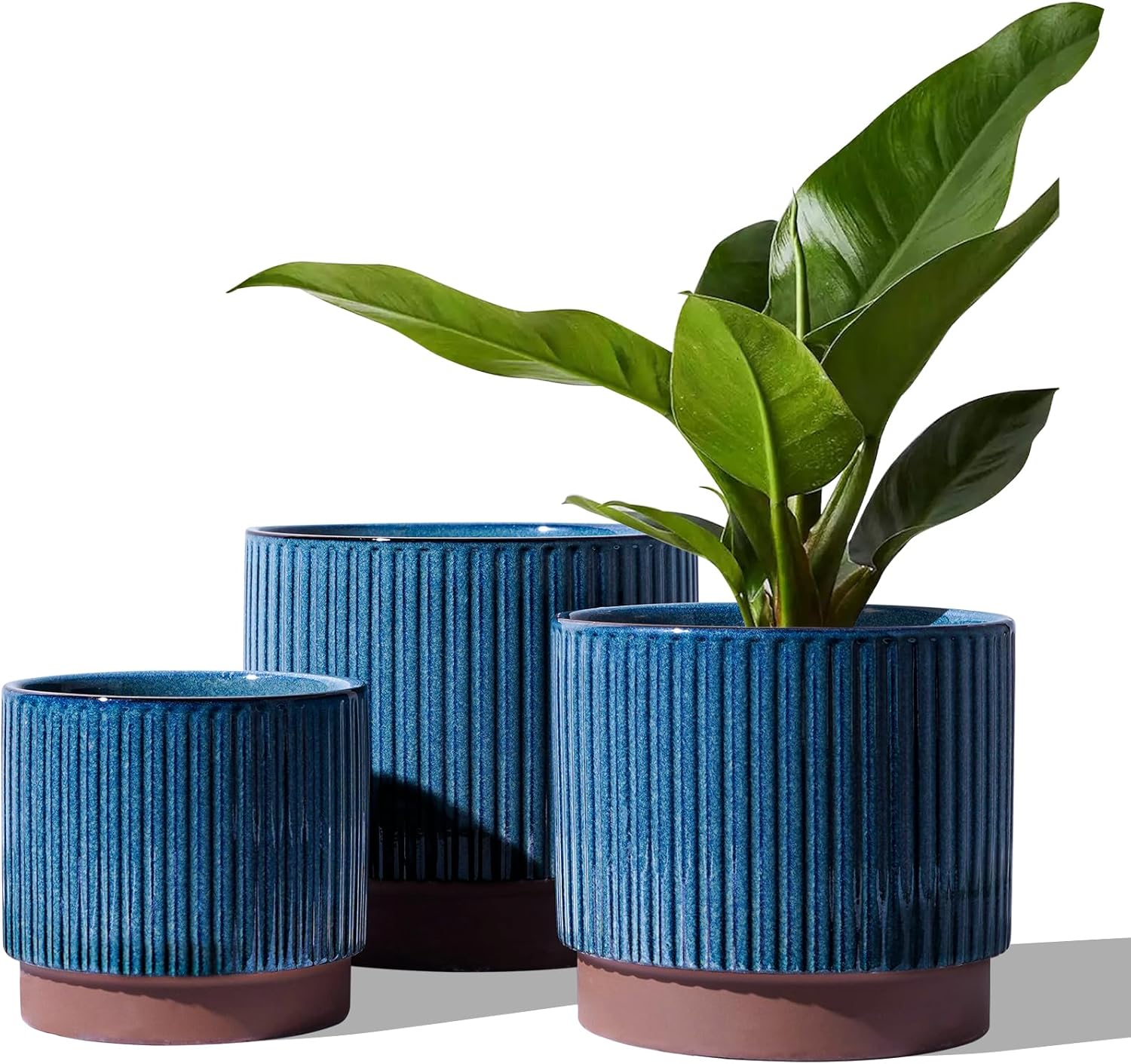 LE TAUCI Ceramic Plant Pots with Drainage Holes, Set of 3, 8+6.7+5.5 Inch Stripe Garden Planter Pots for Outdoor Indoor Plants Flower