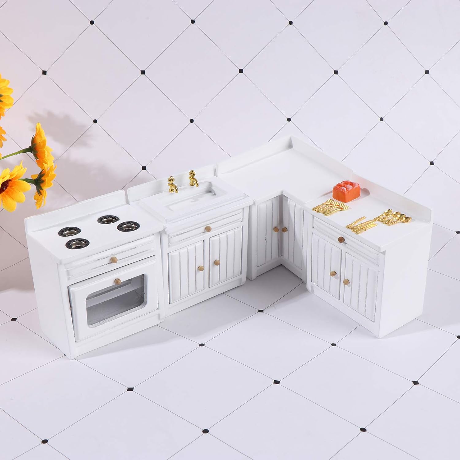 1:12 Scale Dollhouse Kitchen Furniture Set, 5 Piece Wooden Miniature Kitchen Accessories with Cabinet, Fridge, Sink, Corner Cabinet