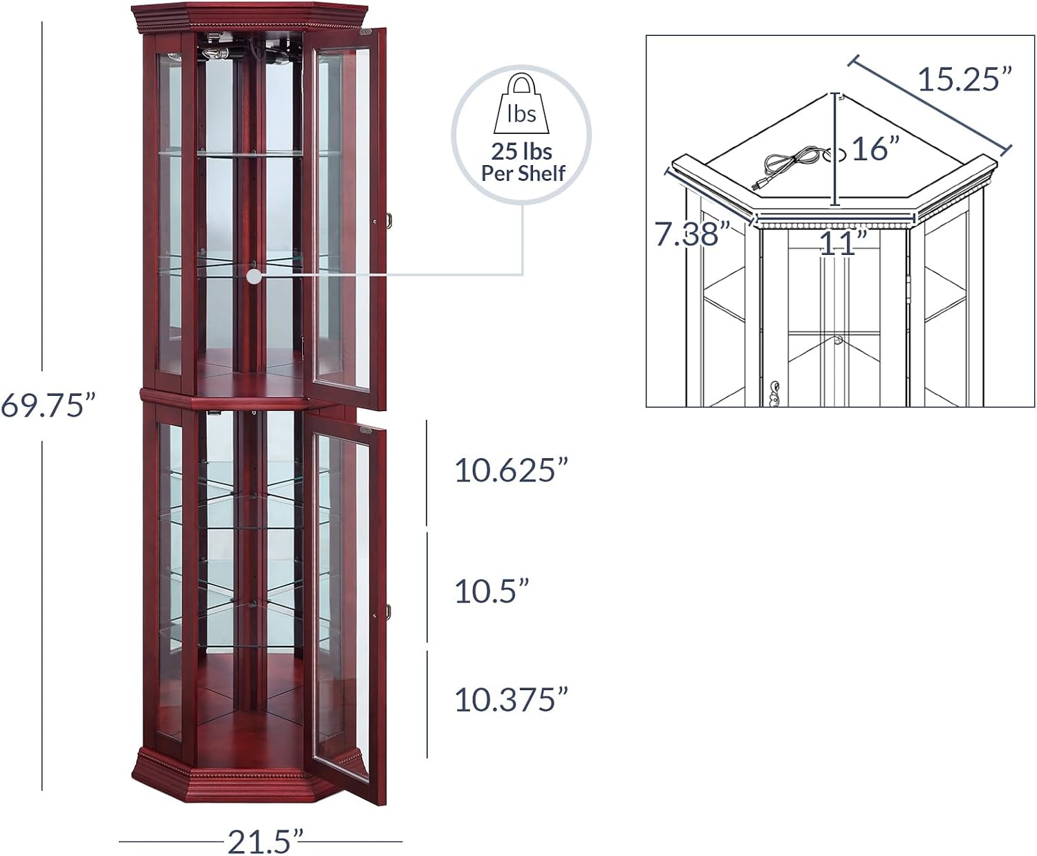 BELLEZE Lighted Wooden Corner Display Curio Cabinet, Two Section Shelving Unit with Tempered Glass Door