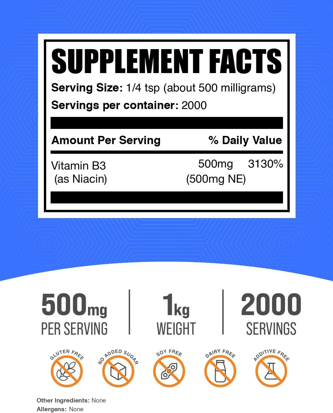 BulkSupplements.com Niacin Powder - Vitamin B3 Supplement, Niacin Flush - Gluten Free, 500mg per Serving, 250g (8.8 oz) (Pack of 1)