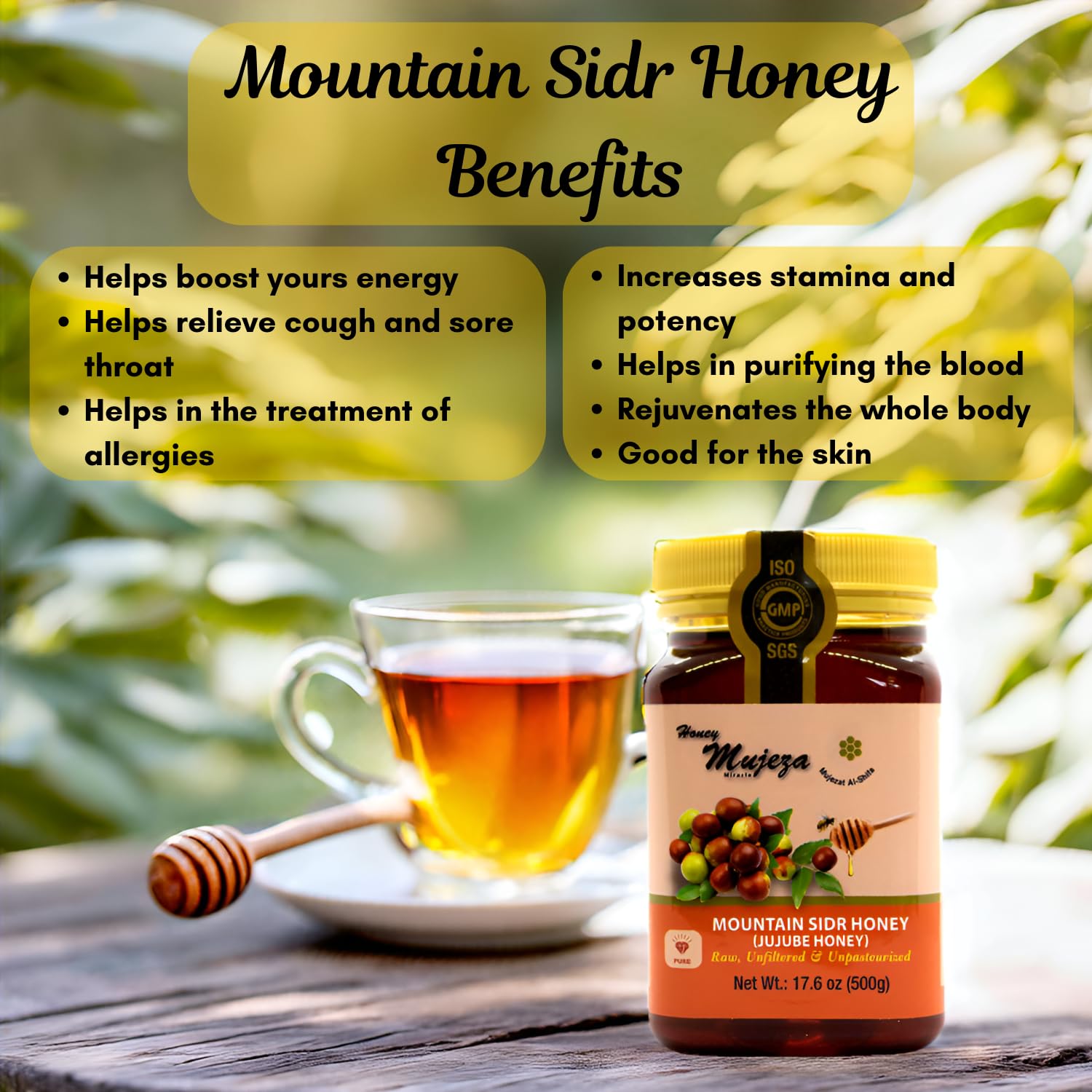 Authentic Mountain Sidr Honey - Jujube Honey, Supports Mental Health, Memory and Cognition, 100% Natural, Raw Liquid Honey, Gluten Free (500g / 17.6oz)