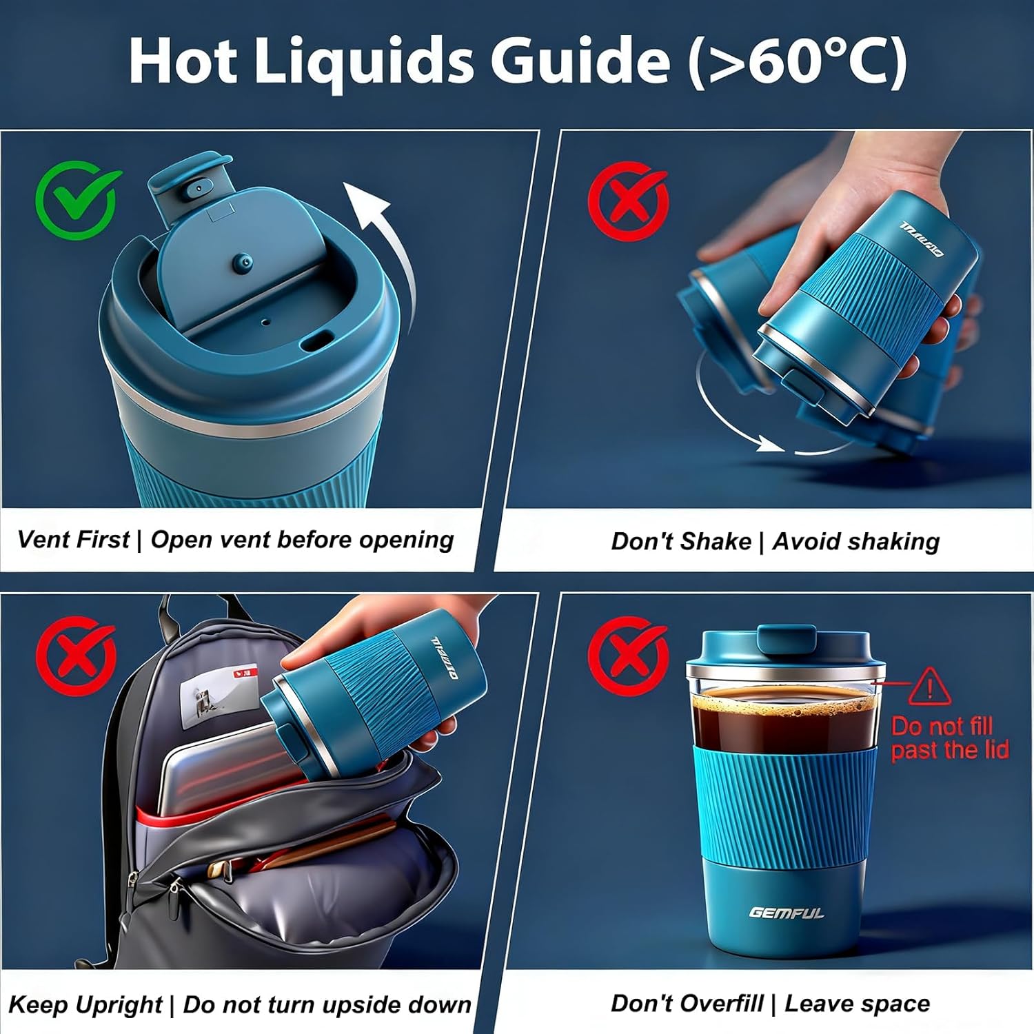 GEMFUL 2 Pack 17oz Insulated Travel Coffee Mug with Lid (Black/White)