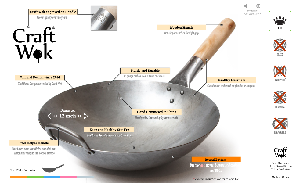 craft wok 14 inch carbon steel wok pow wok 731W88 12 inch