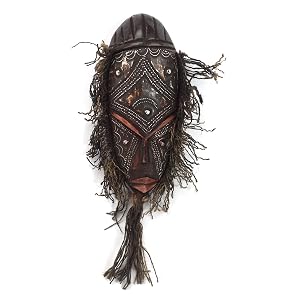 NOVICA Artisan Handmade African Sese Wood Mask Decor Aluminum Cotton Twine Ghana Brown Rustic Sack