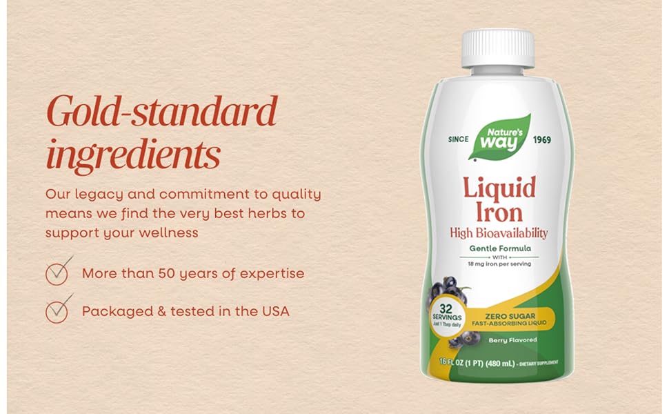 Bottle of Nature's Way Liquid Iron next to text