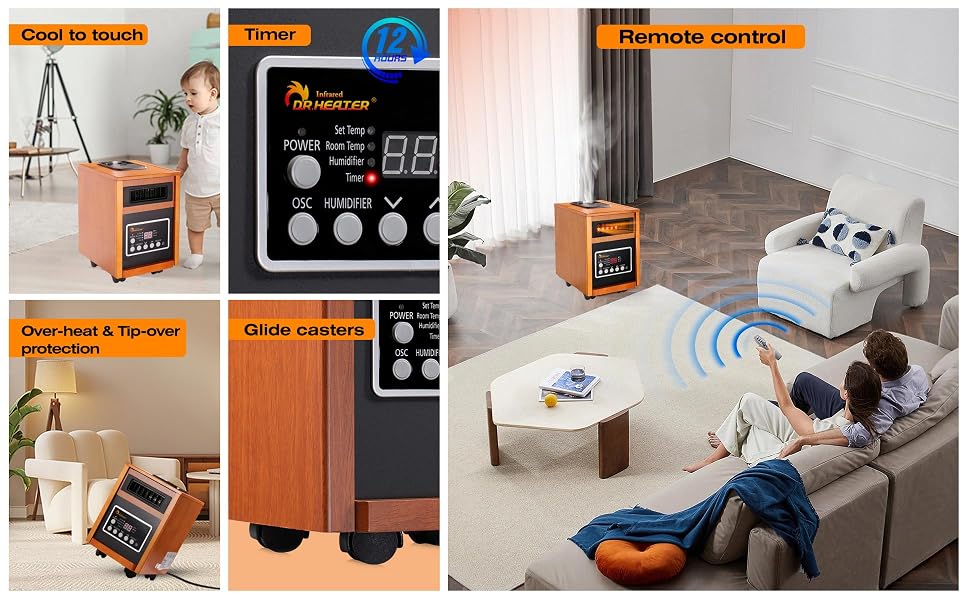 Cool to Touch Timer Remote Control Overheat Protection Glide Casters