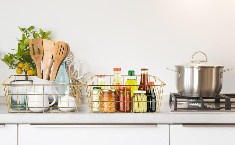 Golden Wire Baskets for Storage Pantry
