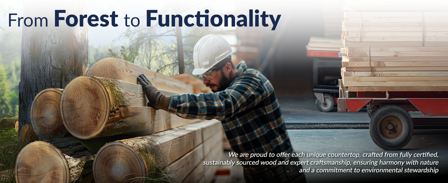 Kitchen countertop crafted from solid, sustainably forested hardwood Acacia
