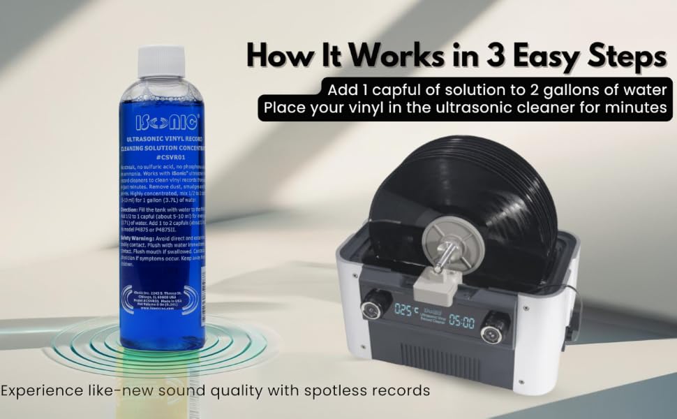 iSonic ultrasonic vinyl cleaner with a spinning record, bottle of isonic cleaning solution