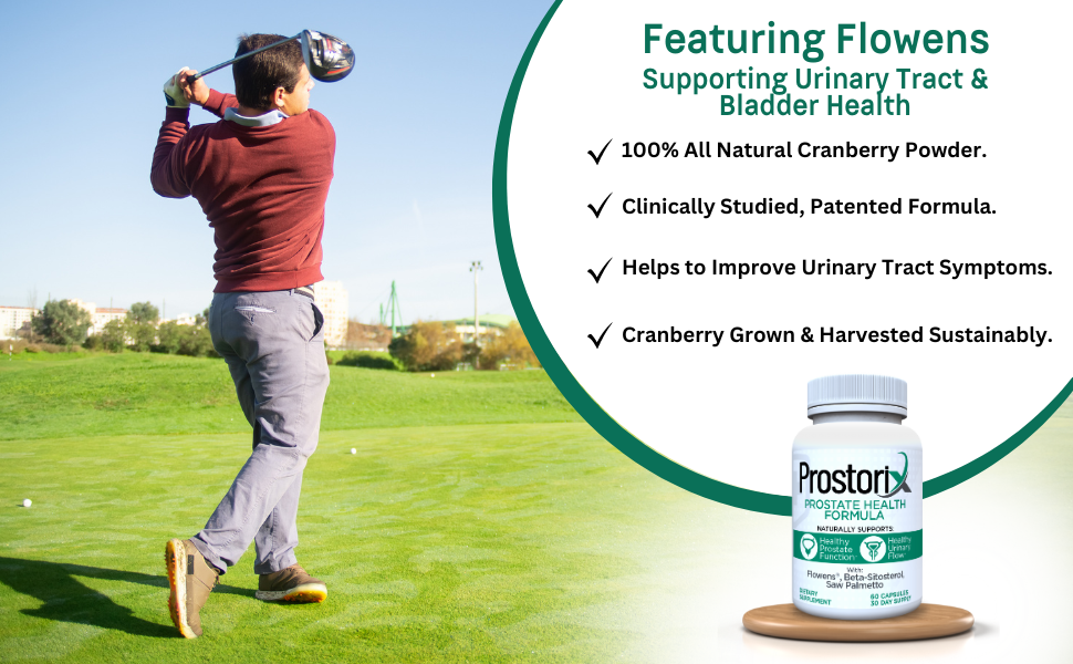man golfing in red shirt and grey pants featuring prostorix and benefits