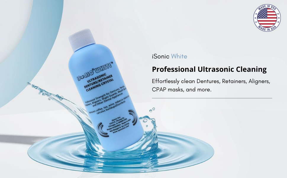 iSonic White Ultrasonic Denture/Retainer Cleaning Crystal bottle displayed with water splash