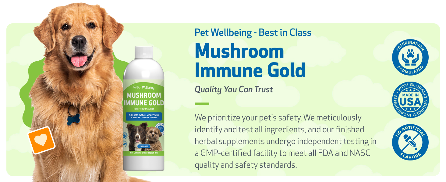 mushroom immune gold, safety tests, FDA, NASC, vet-formula usa, no artificial flavor, high-quality