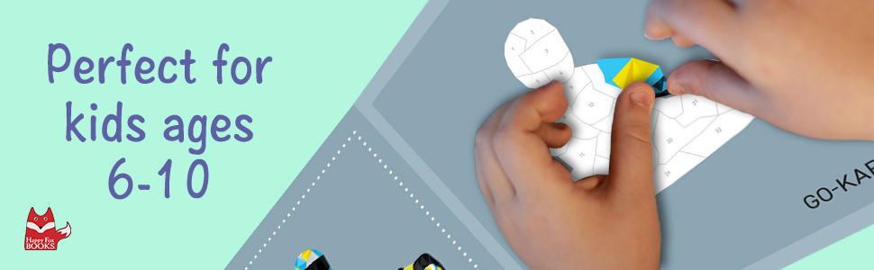 Hands placing a sticker on lines for a painting of a go-kart with text, "Perfect for kids ages 6-10"