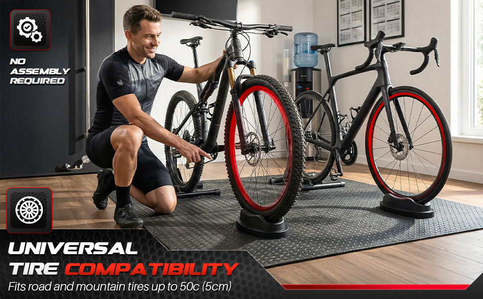Rider placing a bicycle’s front tire into a bike trainer front wheel stand beside an indoor bike