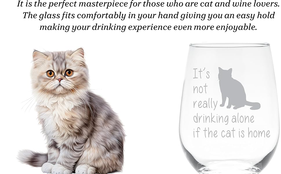 A stemless wine glass with a cat design