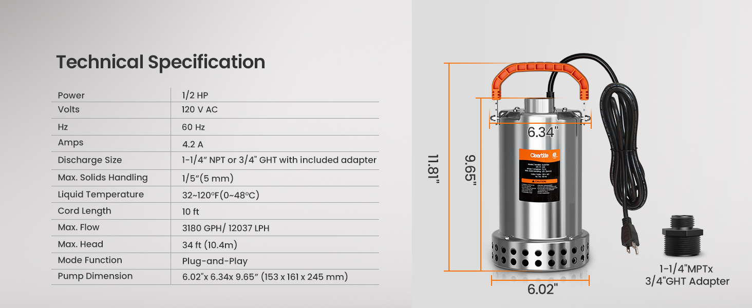 Cleartide Stainless Steel Submersible Utility Water Pump