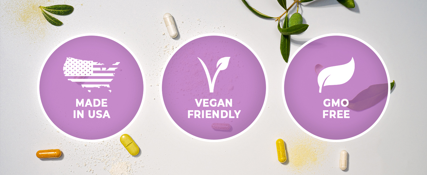 Product Certifications Made In USA Vegan Friendly GMO Free Capsules Tablets Purple