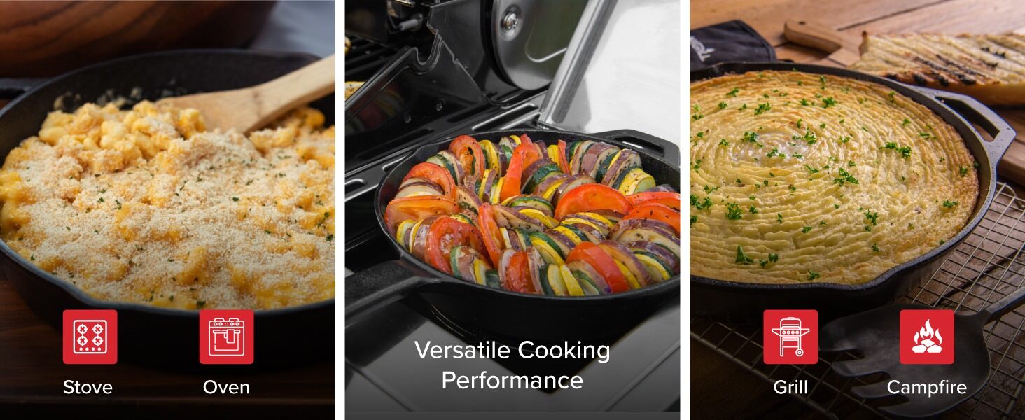 Versatile Cooking. Can be used on the stove, oven, grill or campfire