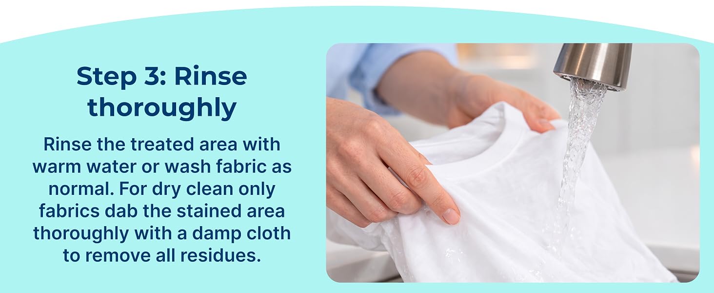 Carbona stain remover rinse step using water or washing fabric to remove loosened stain residue