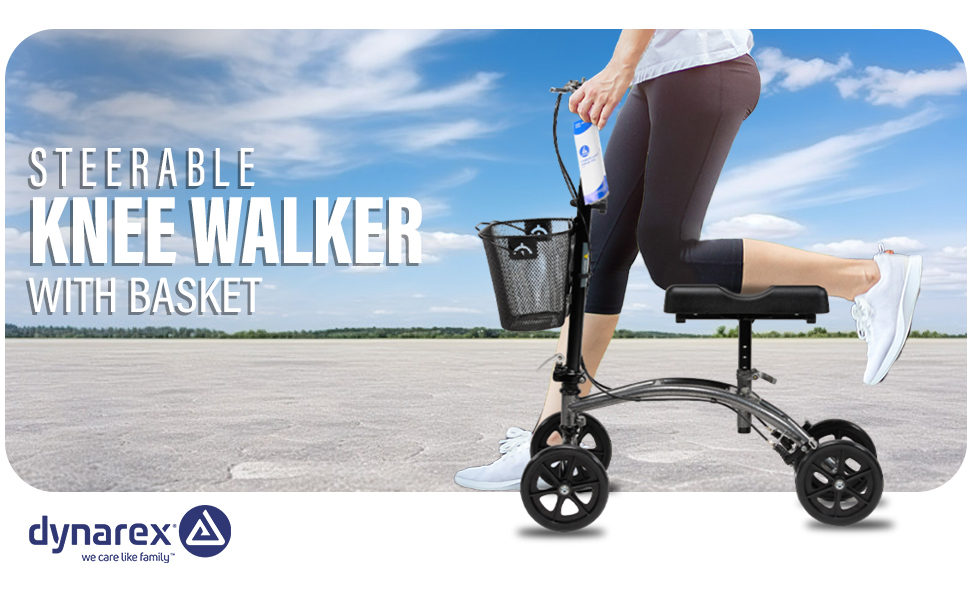 Person using steerable knee walker with basket