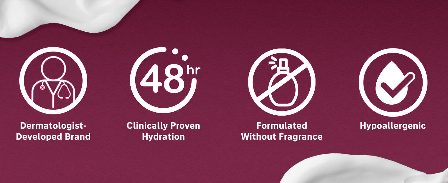 Dermatologist developed brand. 48 hour clinically proven hydration. Hypoallergenic. No fragrance.