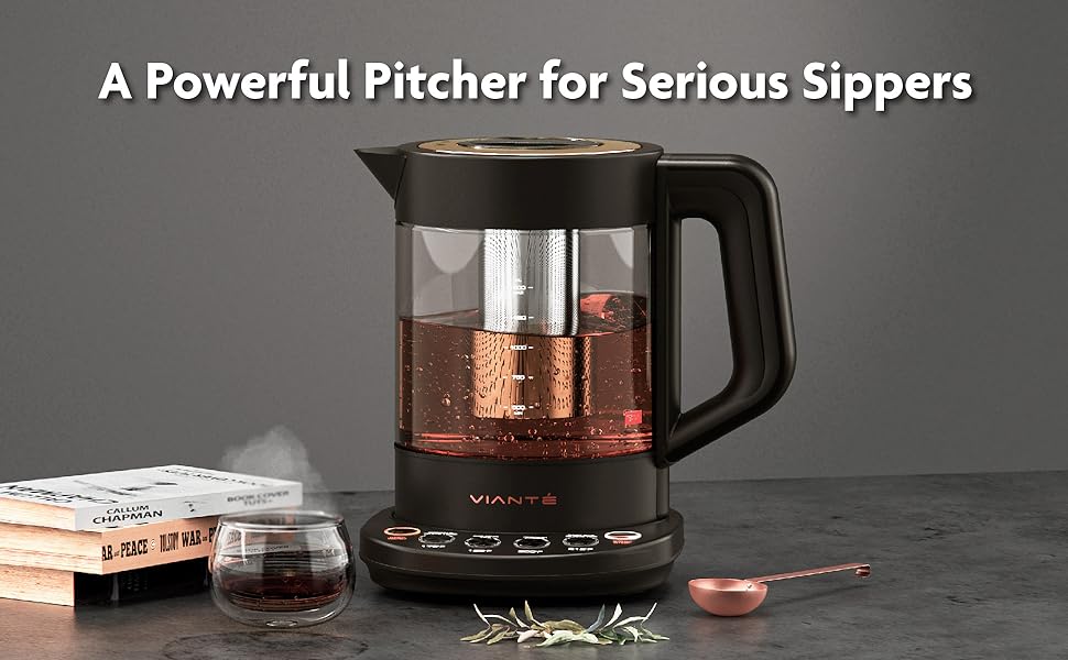 Black glass kettle with infuser for tea lovers, sleek design, precise temperature control