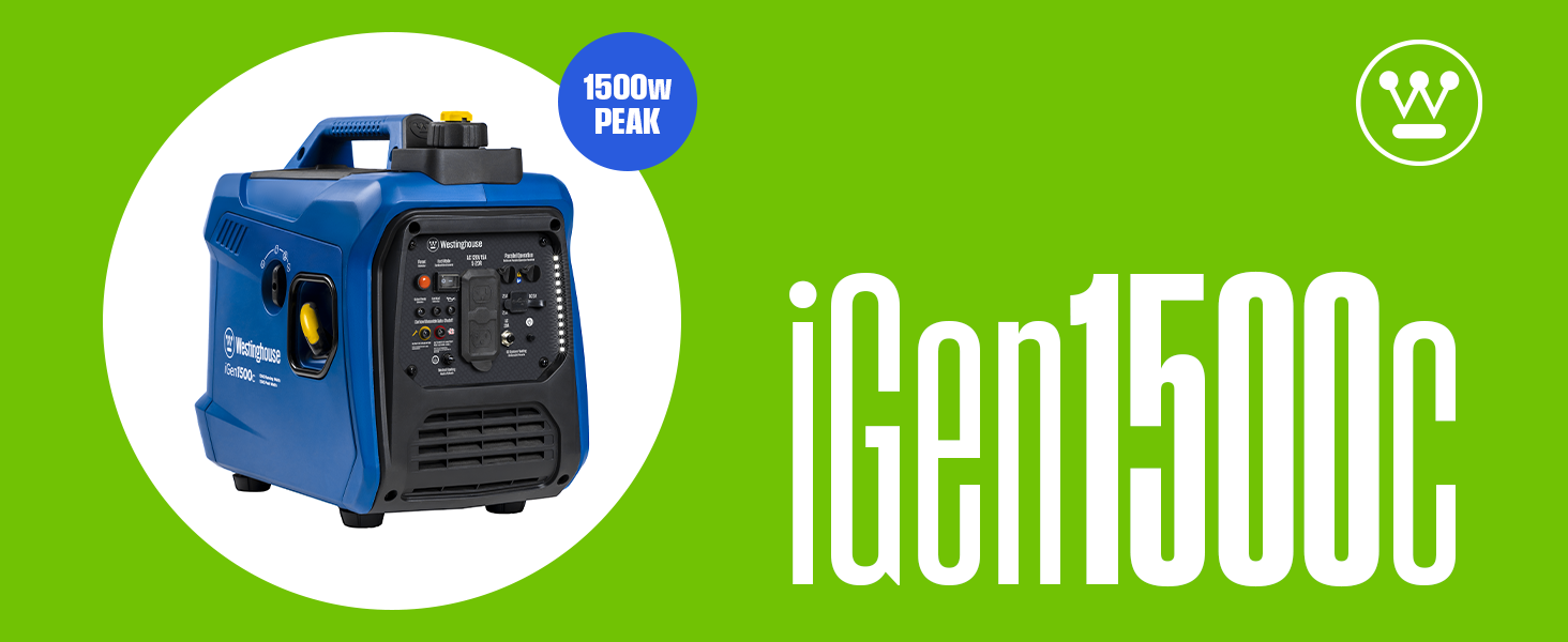 Westinghouse iGen1500c 1500 peak watt portable inverter generator on a green background.