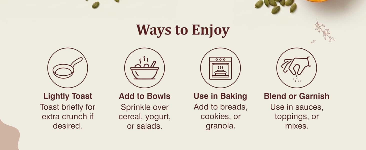 Aiva Pumpkin Seeds usage guide with toast, add to bowls, bake, and blend steps.