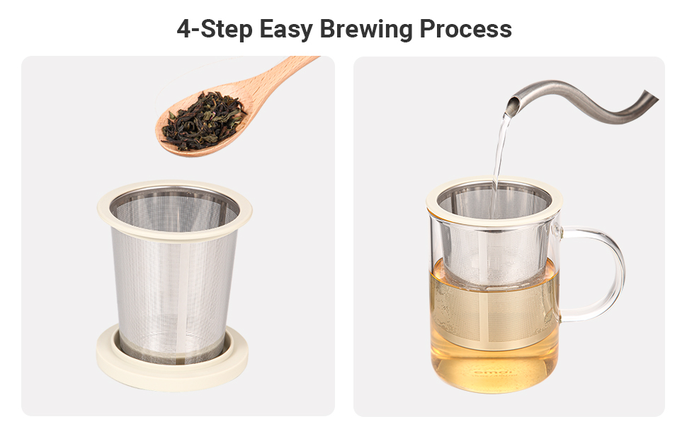 Emoi 15 oz Glass Tea Cup with Infuser &amp;amp; Lid, Ideal for Loose Leaf Tea, Gray