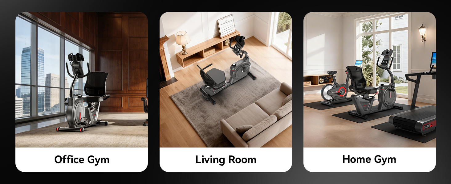 HARISON recumbent exercise bike placed in office gym, living room, and home gym settings