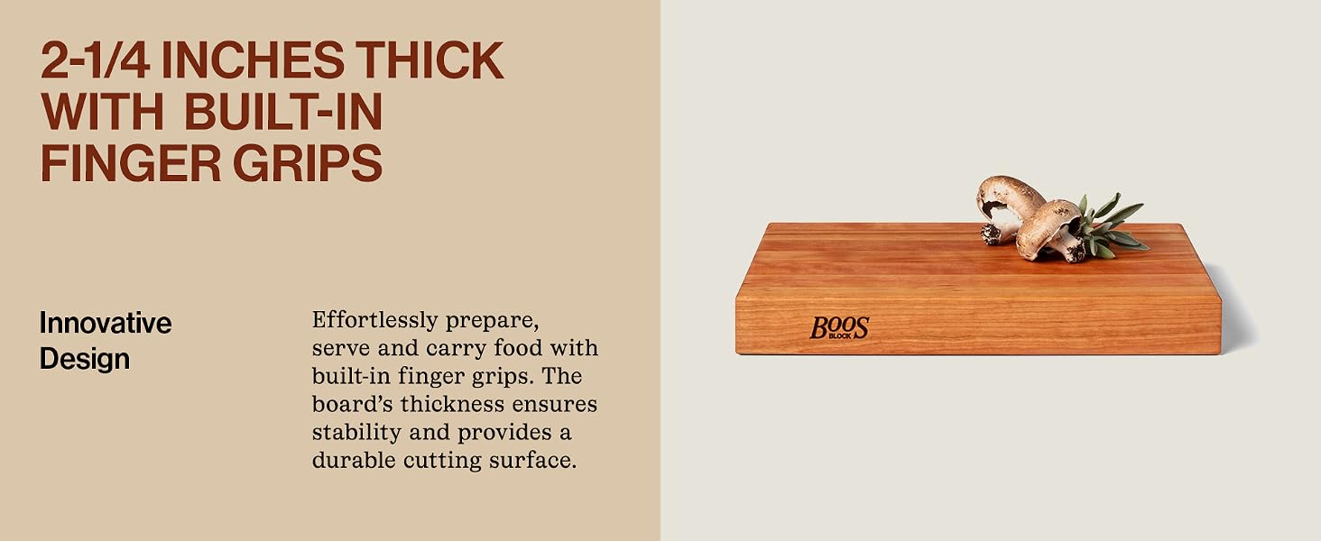 Thick cherry cutting board with mushrooms on surface. Text Reads: 2.25" Thick with Ample Space.