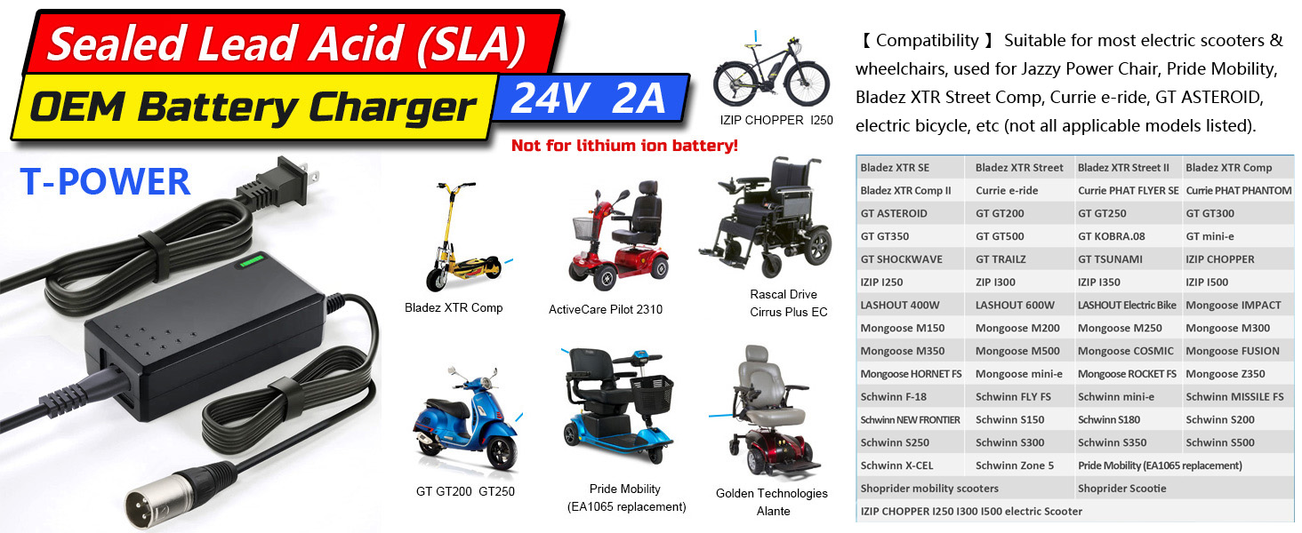 UL Listed SLA battery charger 24V 2A for Mobility Scooter Electric Chair