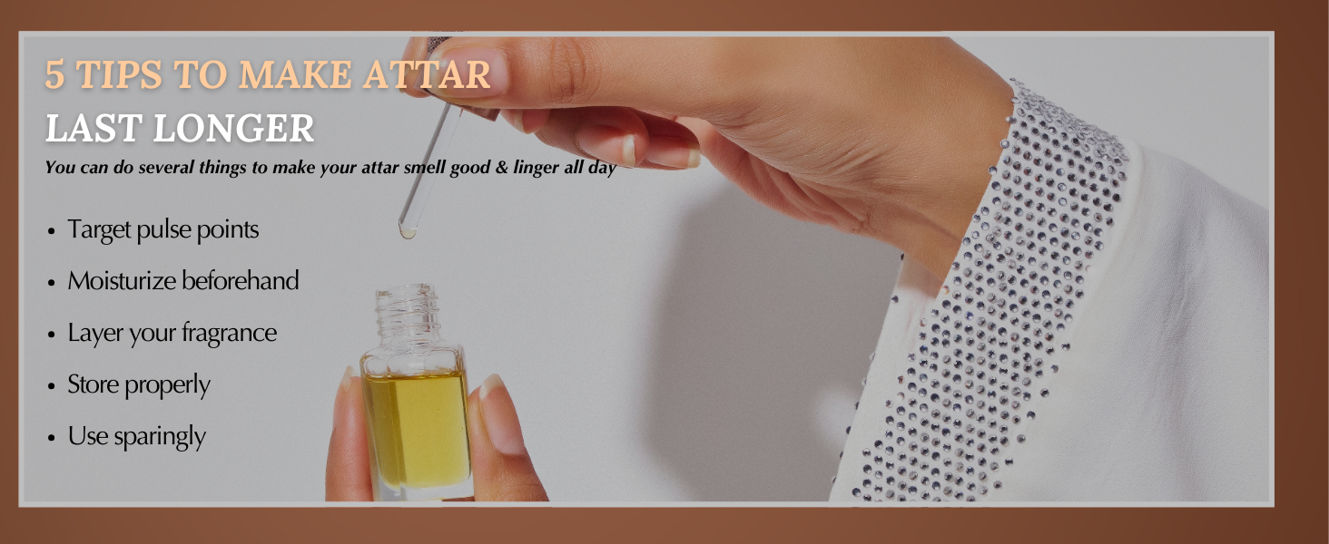 Perfume application tips infographic showing a hand spraying fragrance, with text overlay listing '5 tips to make a perfume last longer'