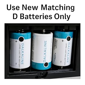 Battery compartment showing 3 D batteries being inserted