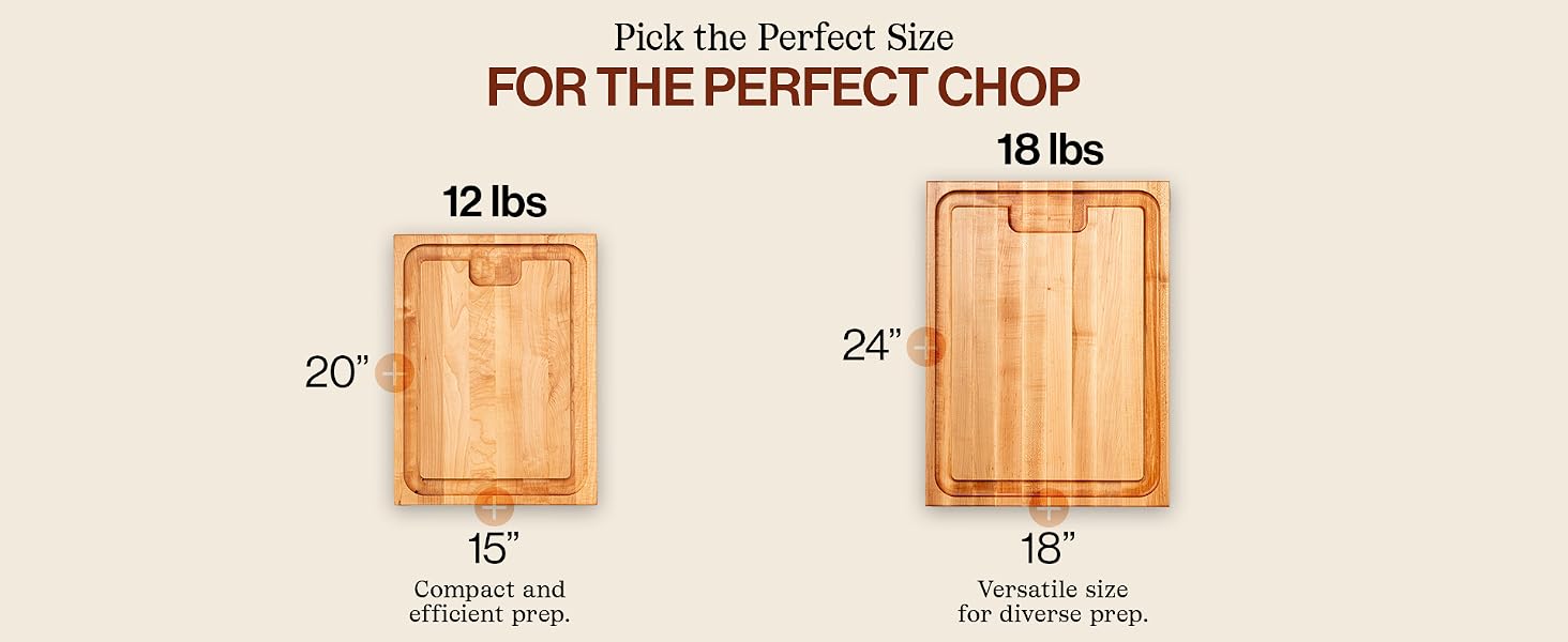 Image of 2 cutting boards in diff sizes. Text reads: Pick the perfect size for the perfect chop.