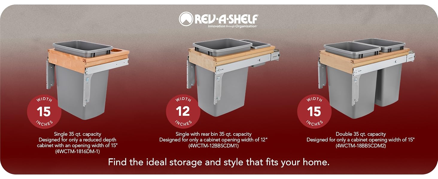Three Rev-A-Shelf pullout waste container models shown side by side.