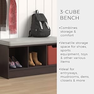 3 Cube storage bench for shoes, sports, toys, baskets, entryway, mudroom, closets, play room