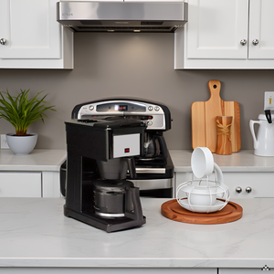 A rustic wooden table with a steaming cup of coffee and scattered coffee beans.