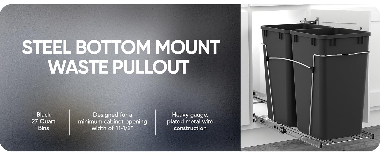 A pullout waste can underneath the counter. Text reads: Steel Bottom Mount Pullout Waste Container.