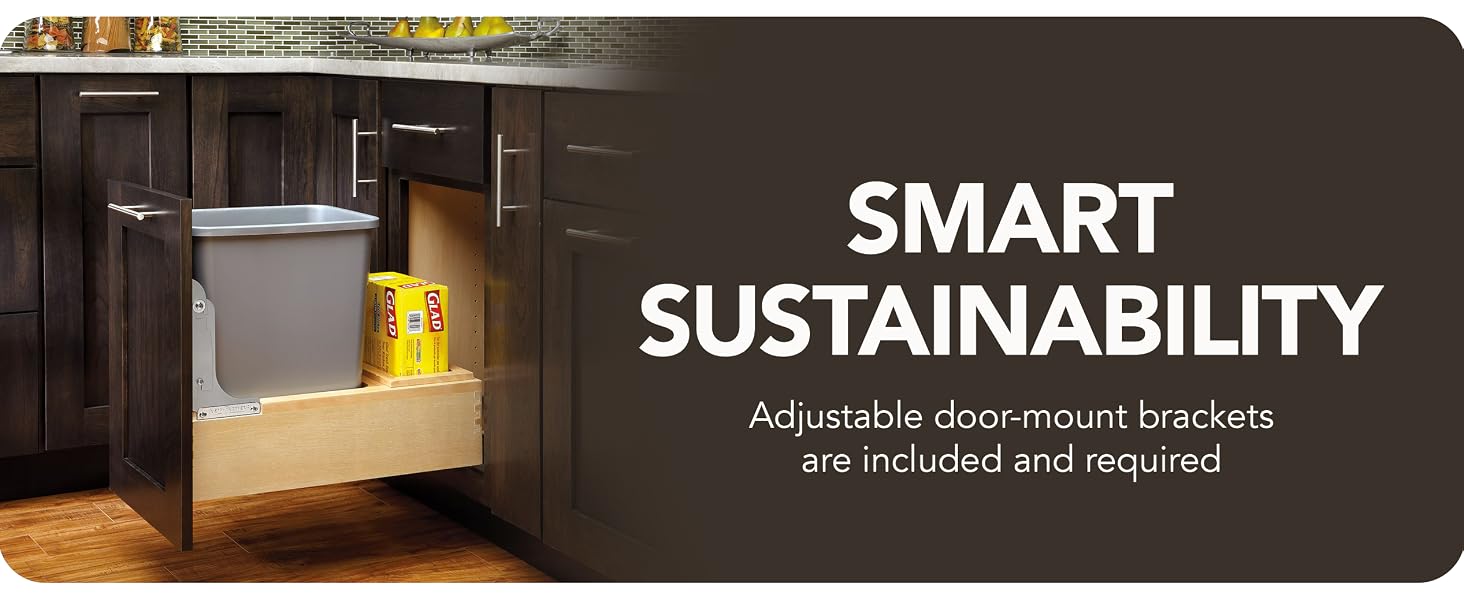 Text reads SMART SUSTAINABILITY. Lifestyle image of bottom mount pullout bin.