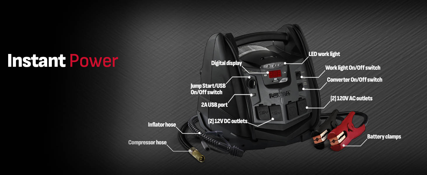 Car battery jump starter and portable power station diagram shows the SJ1332’s main features.