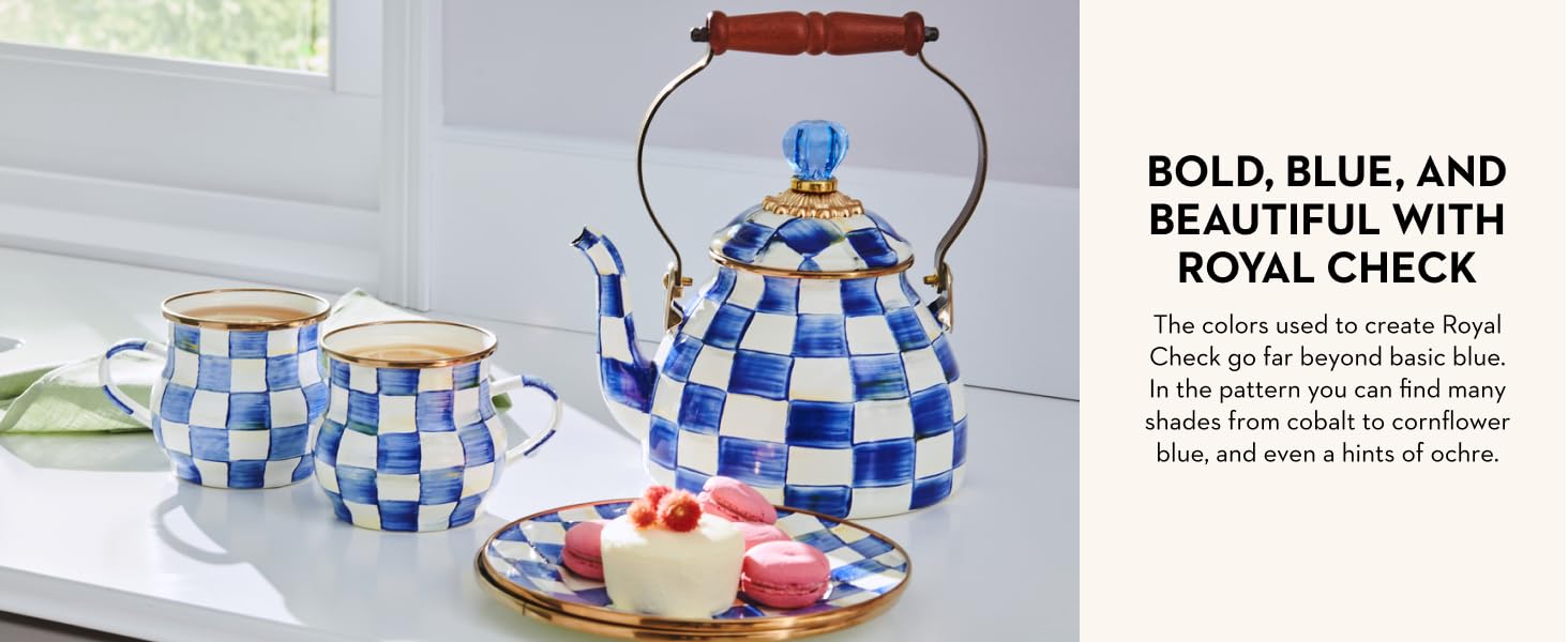 White-and-blue dishes on a table. Text reads: A royal classic.