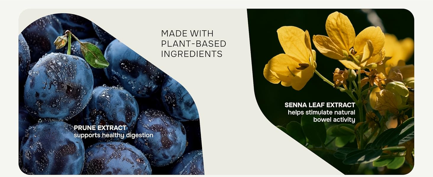 made with plant-based ingredients. prune and senna leaf extract. supports healthy digestion.