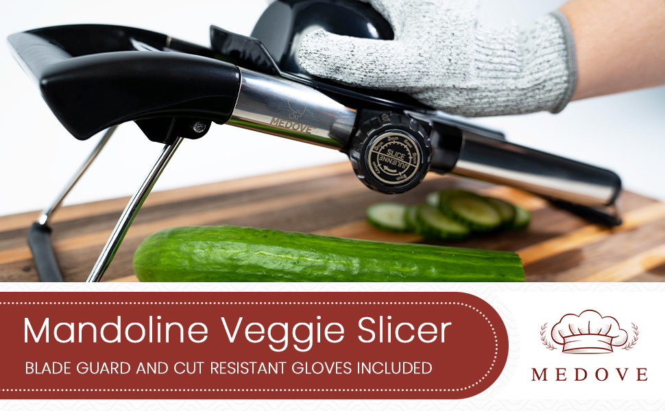 Adjustable Mandoline Slicer With Cut Resistant Gloves Included.