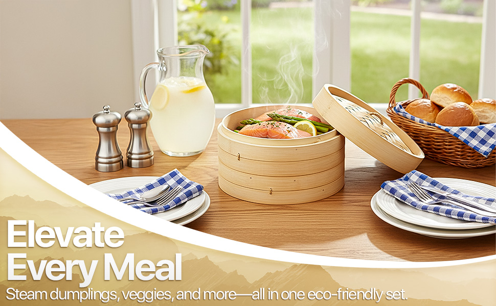 Warm kitchen scene with stacked bamboo tiers releasing steam on a wooden table.