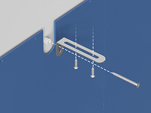 Technical diagram showing mounting hardware and installation steps on blue background with white line illustrations.