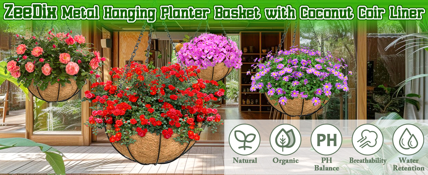 ZeeDix Metal Hanging Planter Basket with Coconut Coir Liner