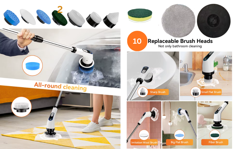Electric spin scrubber with ten interchangeable brush heads for different cleaning areas