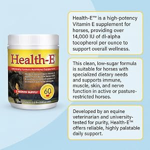 Health-E vitamin E supplement with benefits and product information panel